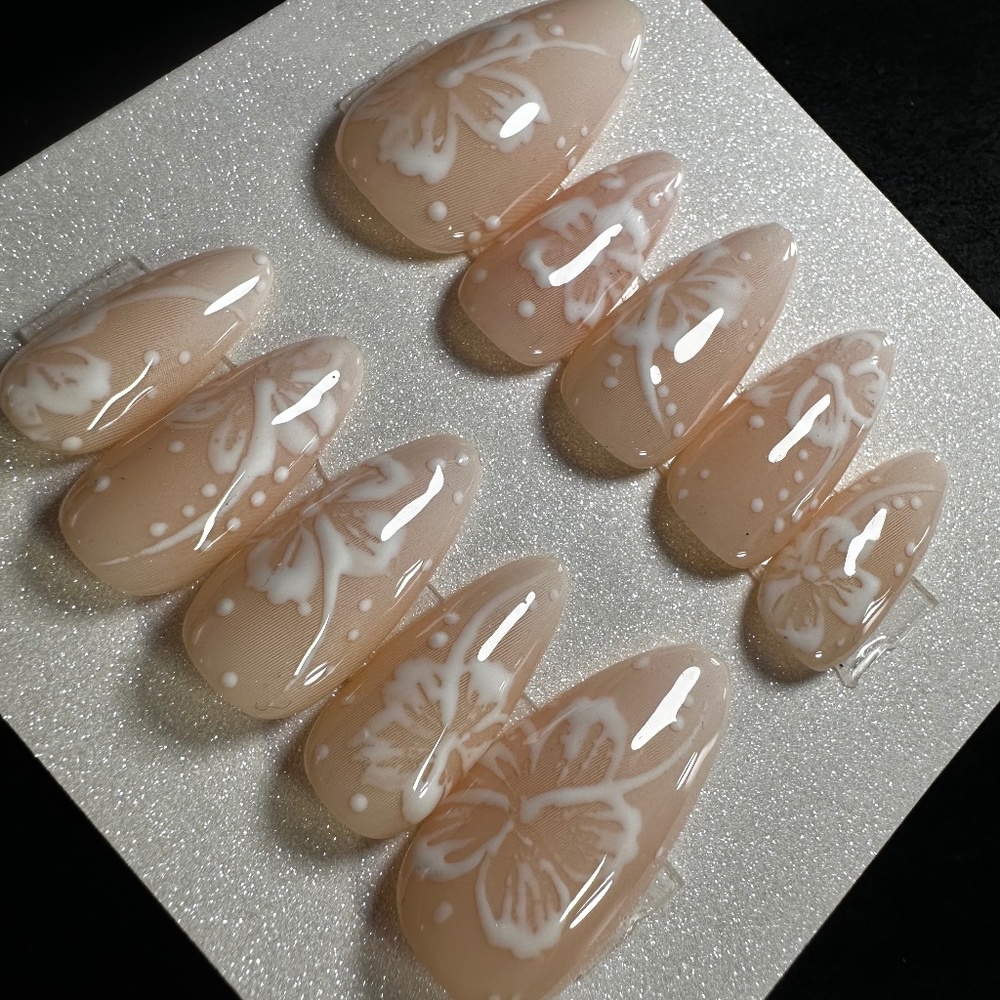 Medium almond Hawaiian flower inspired handmade press on nails